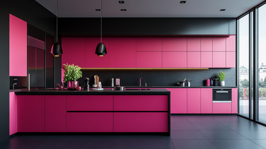 A modern kitchen with hot pink cabinets, black countertops, and sleek black accents.
