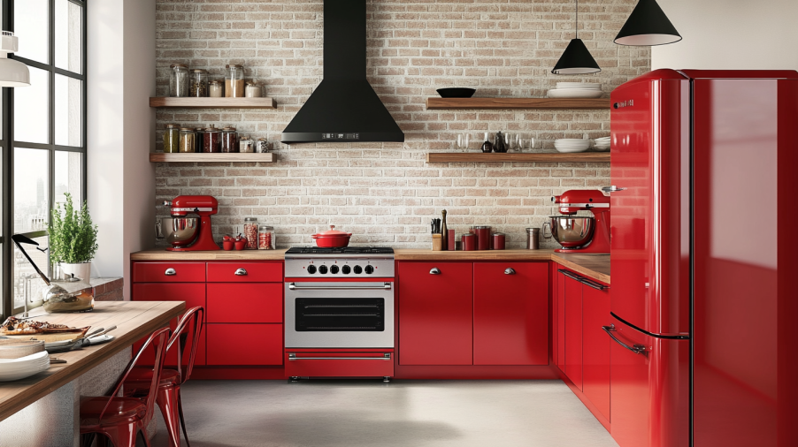 Modern kitchen with red kitchen cabinets and red appliances like a fridge, oven, and mixer, creating a cohesive and coordinated design.