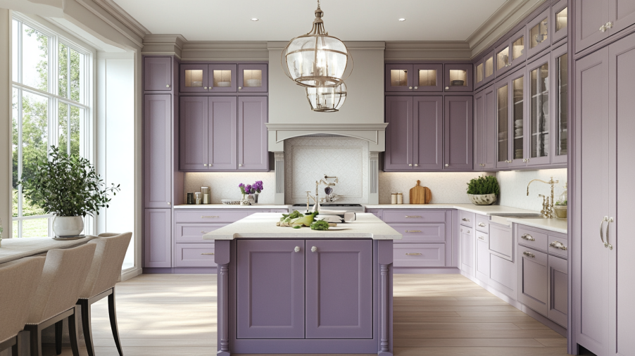 Transitional kitchen with subtle purple hues, like lilac, in a warm, balanced design.