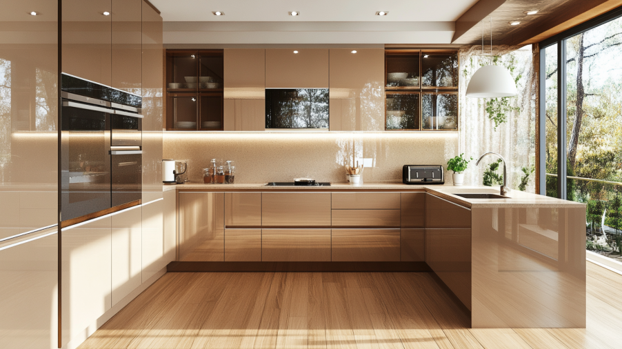 A Taupe kitchen with integrated LED lighting under the cabinets, enhancing the neutral tones and creating a warm, inviting ambiance.