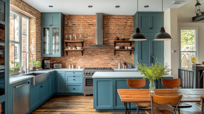 Teal kitchen cabinets paired with exposed brick walls and vintage lighting, creating a cozy farmhouse vibe.