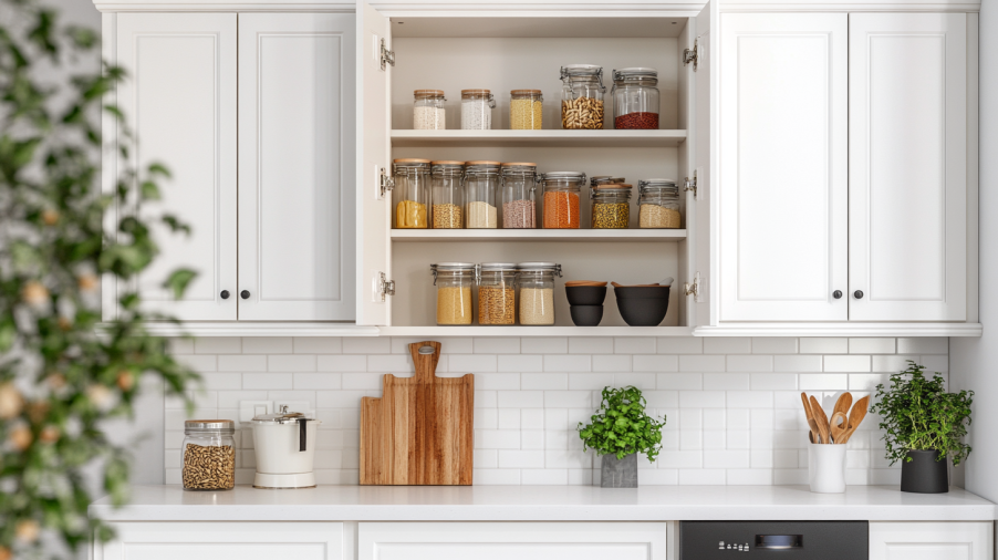 A kitchen with white shaker kitchen cabinets featuring adjustable shelves for customizable storage space