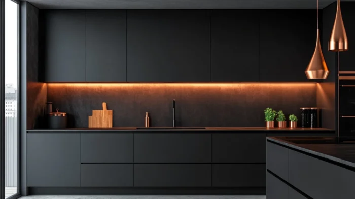 25 Best Black Kitchen Cabinet Ideas 15 A kitchen with black cabinets and copper metallic details, creating a sleek, modern design with a subtle touch of glam.