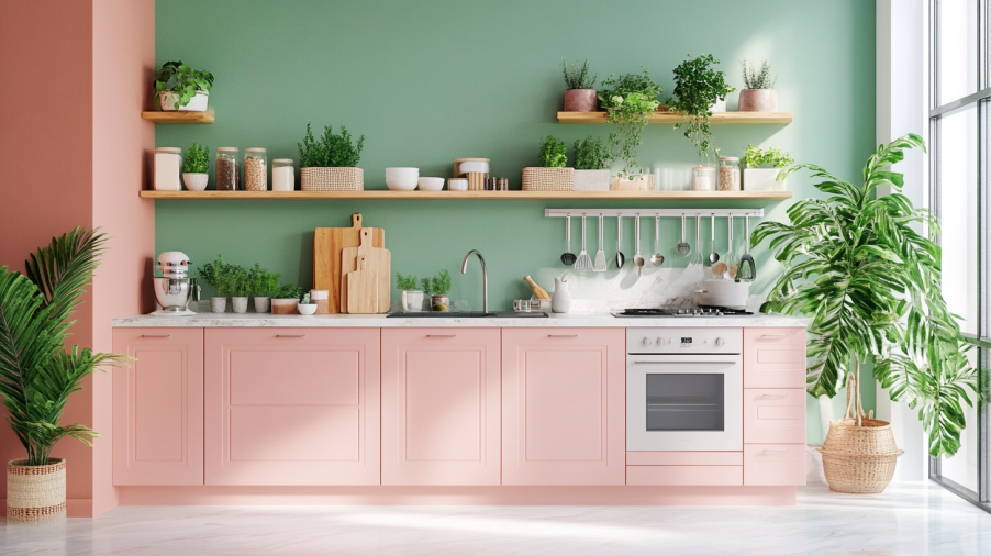 A natural kitchen with pink cabinets, green plants, and wooden shelves.