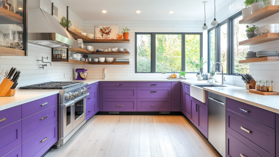 Purple base cabinets paired with open shelving, creating an airy, functional kitchen design.