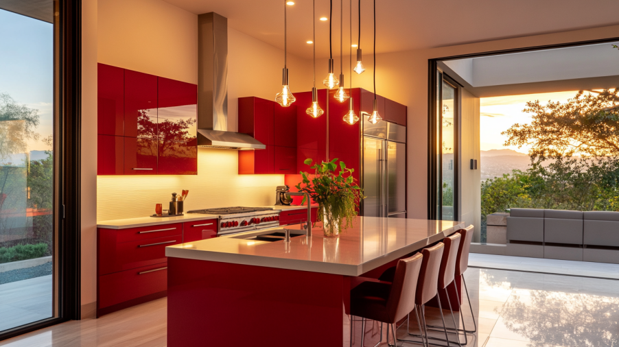Modern kitchen with red kitchen cabinets, pendant lighting, and large windows, creating a vibrant and inviting atmosphere.