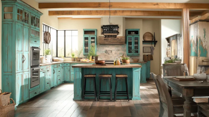 Kitchen with soft teal cabinets and weathered wood accents, offering a rustic, charming country kitchen feel.