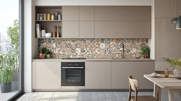 A kitchen with Taupe cabinets paired with a bold, patterned tile backsplash, creating a modern, dynamic focal point.