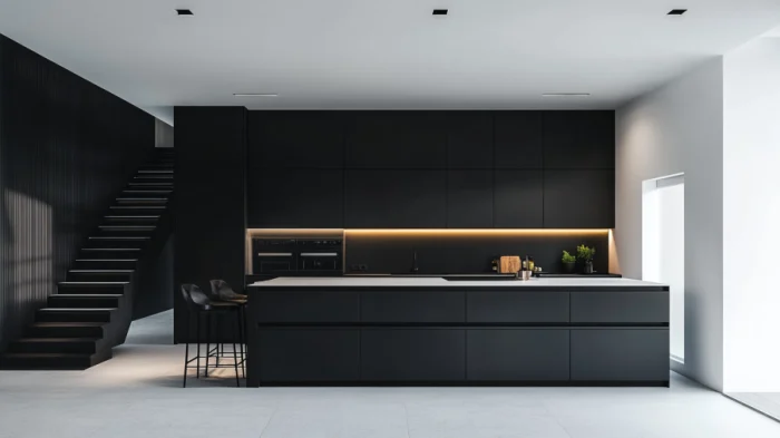 A modern kitchen with black cabinets and white walls, creating a sleek minimalist design with clean lines.