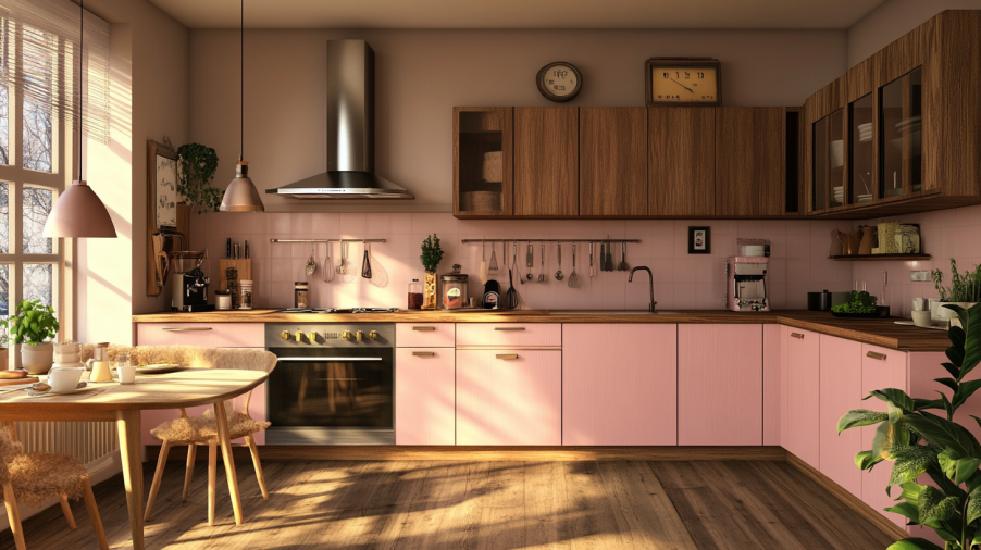 A modern kitchen with matte pink cabinets, wooden countertops, and natural light.