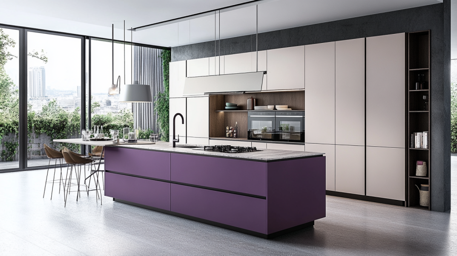 Kitchen featuring purple accent drawers and cabinets for a pop of color.