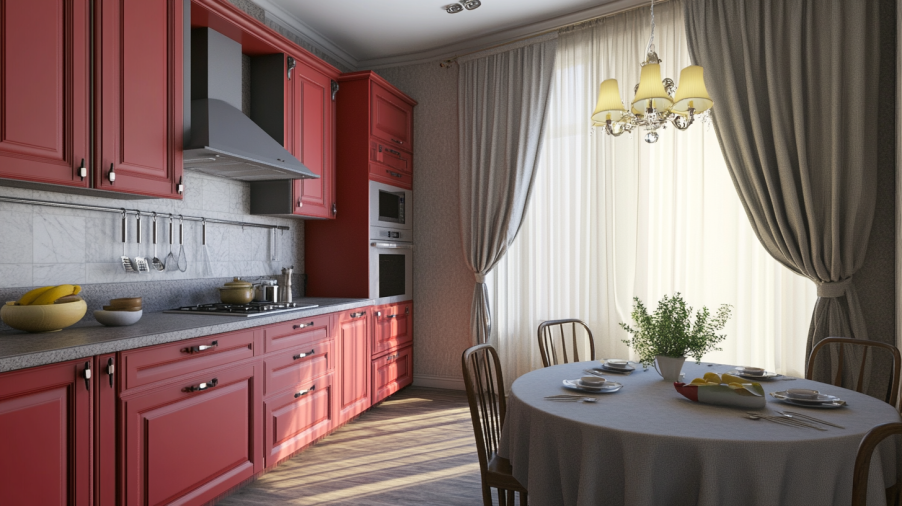 Traditional kitchen with red kitchen cabinets, red curtains, and a warm, inviting atmosphere.