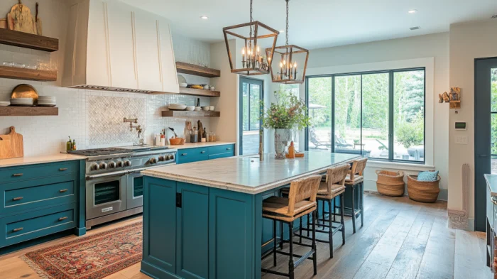 Rustic kitchen with a teal island, natural stone countertops, and wood accents for a cozy, inviting focal point.