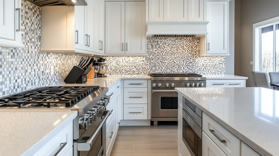 A kitchen with white shaker kitchen cabinets and a colorful mosaic backsplash, adding texture and style