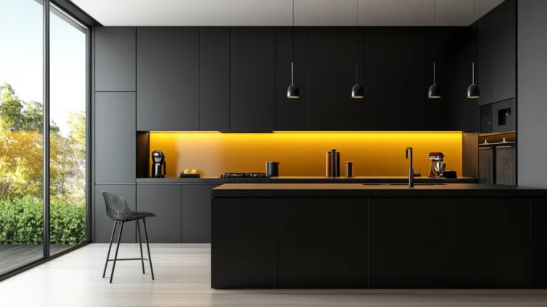 A modern kitchen with handleless black cabinets and warm yellow lighting, creating a sleek, minimalist design.