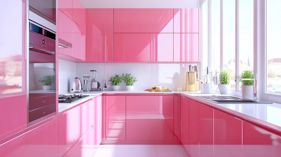 A sleek kitchen with glossy pink cabinets and modern appliances in a bright space.