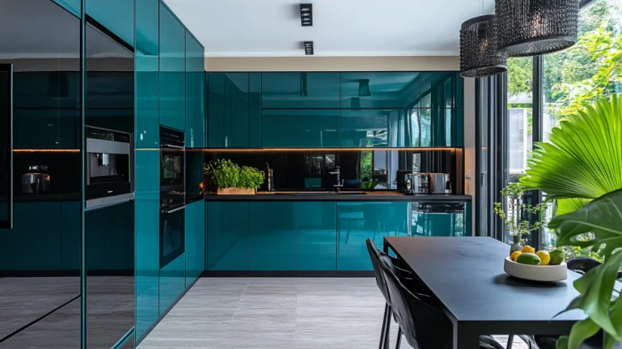 High-gloss teal kitchen cabinets with black accents and sleek, modern appliances creating a bold, contemporary kitchen design.