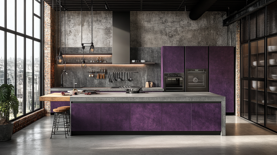 Bold industrial kitchen with purple cabinets and concrete countertops.
