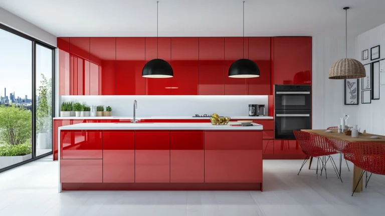 Modern kitchen with red kitchen cabinets and white countertops, creating a bold yet fresh and balanced design.