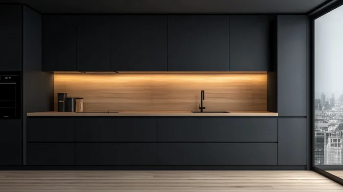 A kitchen with black cabinets and a simple wood countertop, creating a balanced, sophisticated design.