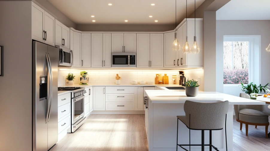 A kitchen with white shaker kitchen cabinets featuring under-cabinet LED lighting that creates a warm, inviting atmosphere