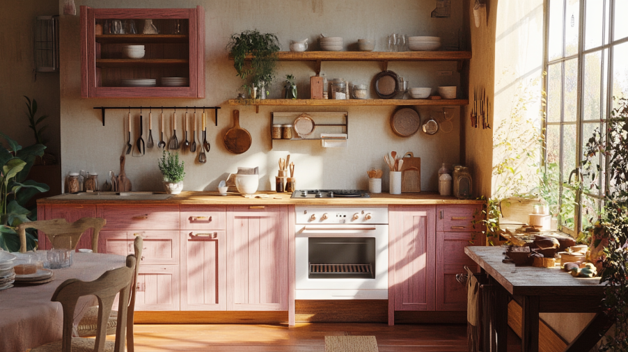 A rustic kitchen with pink wood grain cabinets, wooden shelves, and natural textures.