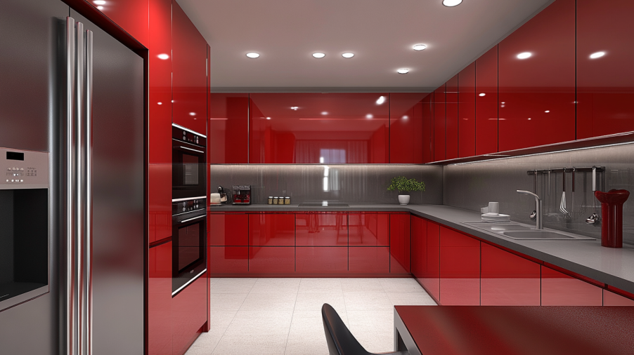 Modern kitchen with red kitchen cabinets and gray countertops, creating a sleek, sophisticated design with balanced contrast.
