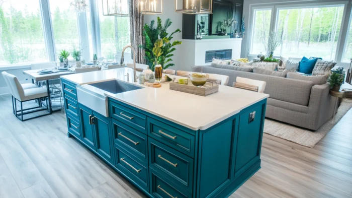 Teal kitchen island as the focal point in an open-concept kitchen with black and white accents for a bold look.