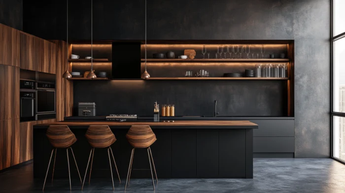 A kitchen with black cabinets and open shelving, offering functional storage and showcasing decorative items.