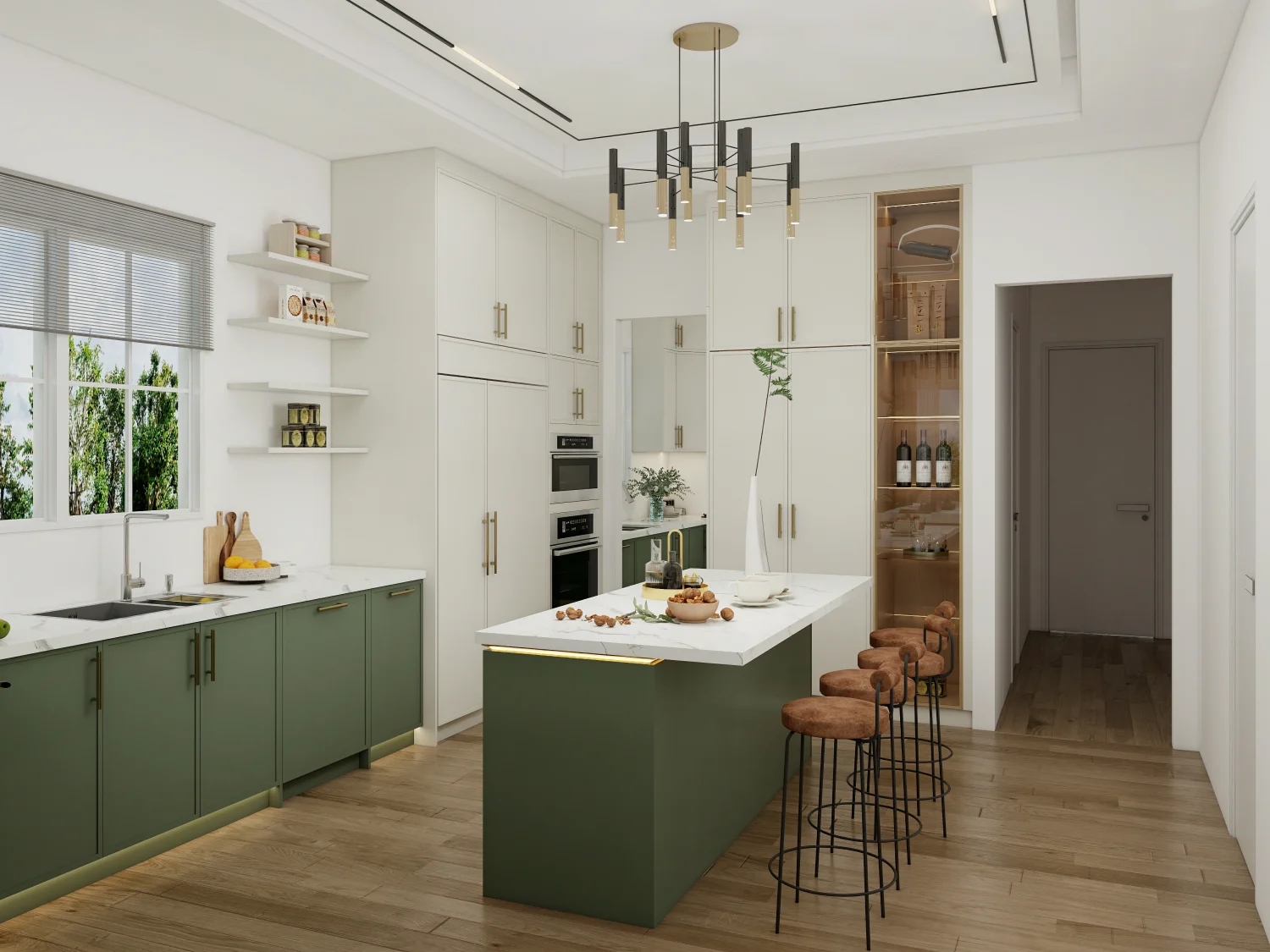 A kitchen with white shaker kitchen cabinets featuring glass-fronted cabinets to display decorative items and glassware