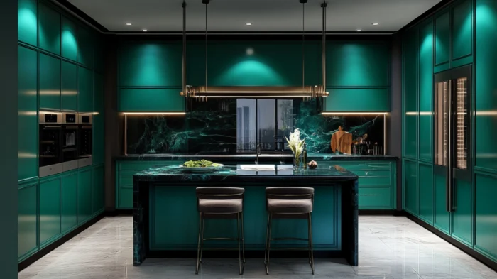 Teal kitchen cabinetry paired with deep jewel tones like emerald and amethyst for a luxurious and bold kitchen design.