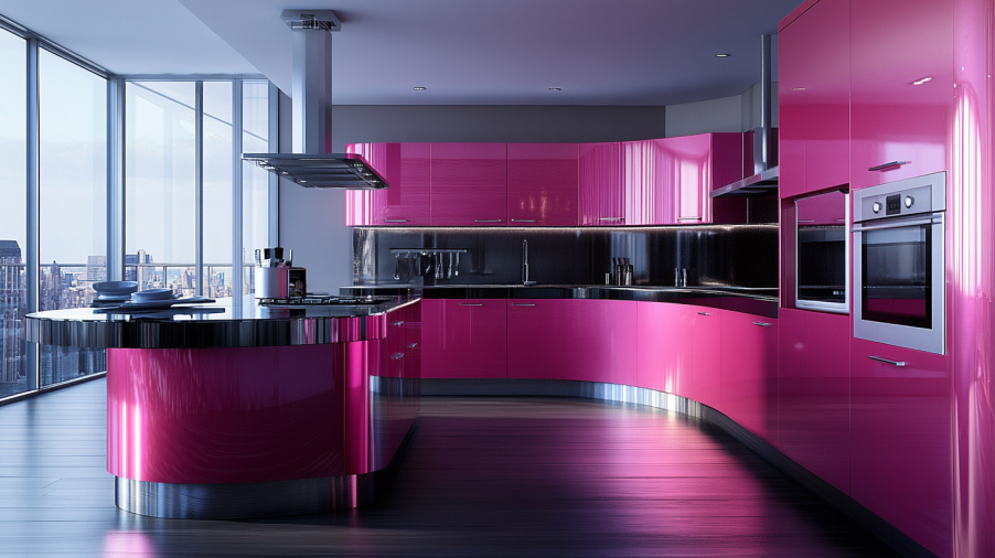 A bold kitchen with pink metallic cabinets, sleek appliances, and a modern design.