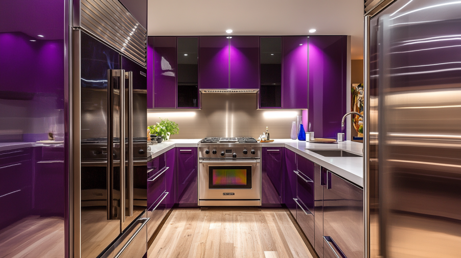 Modern kitchen featuring purple cabinets with stainless steel appliances for a polished, high-end look.