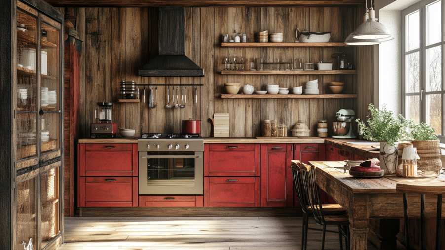 Rustic kitchen with red kitchen cabinets and natural wood accents, creating a warm and inviting atmosphere.