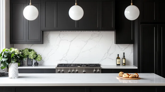 25 Best Black Kitchen Cabinet Ideas 2 A kitchen with black cabinets and a white marble backsplash, adding elegance and texture.