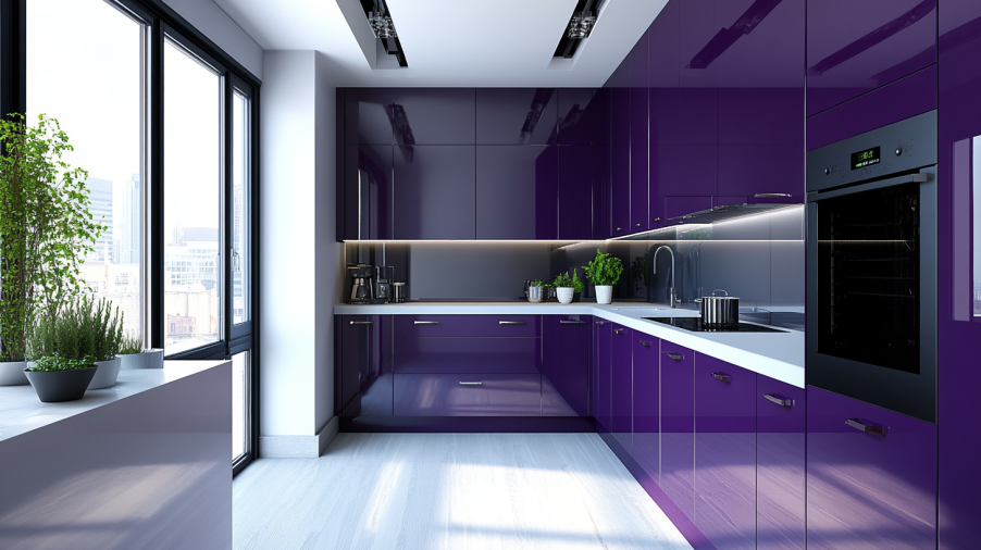 Bold violet kitchen cabinets creating a dramatic focal point in a modern space, balanced with neutral tones.