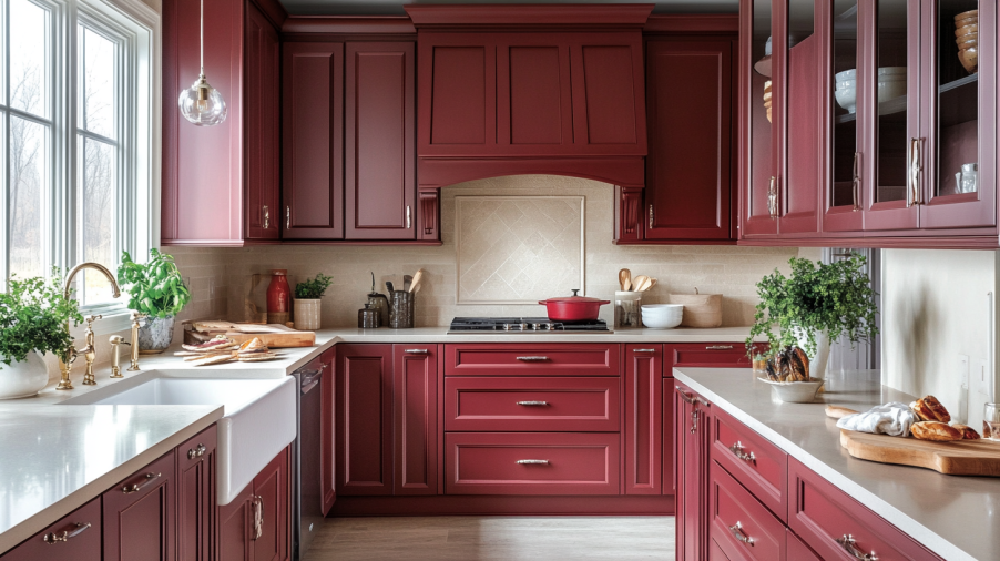 Traditional kitchen with burgundy red kitchen cabinets, light gray walls, and beige countertops, creating a warm, elegant atmosphere.