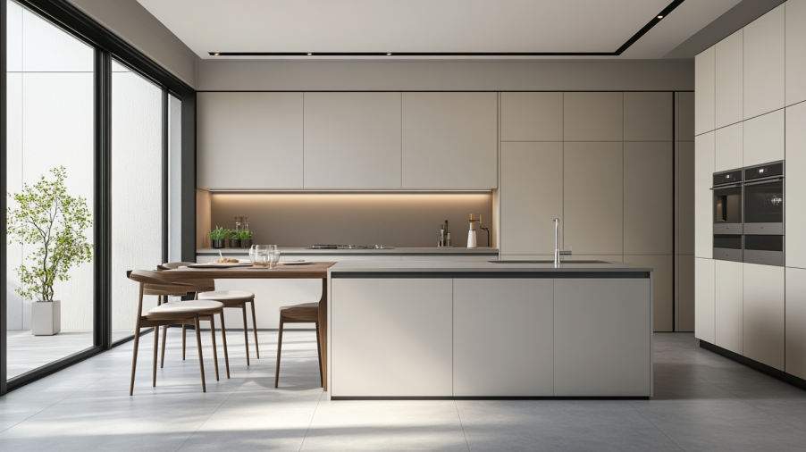 A contemporary kitchen with cream-colored cabinets and light gray walls, offering a sleek and modern look.