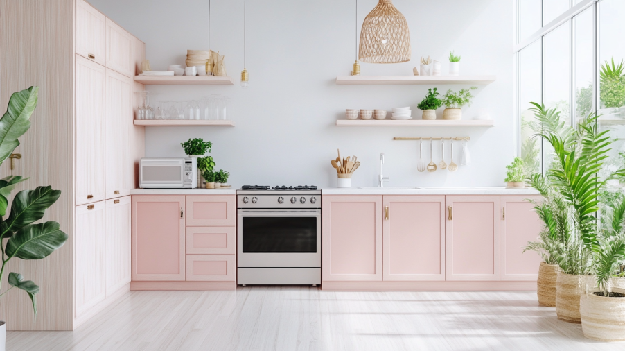 A coastal kitchen with powder pink cabinets, natural wood accents, and light decor.