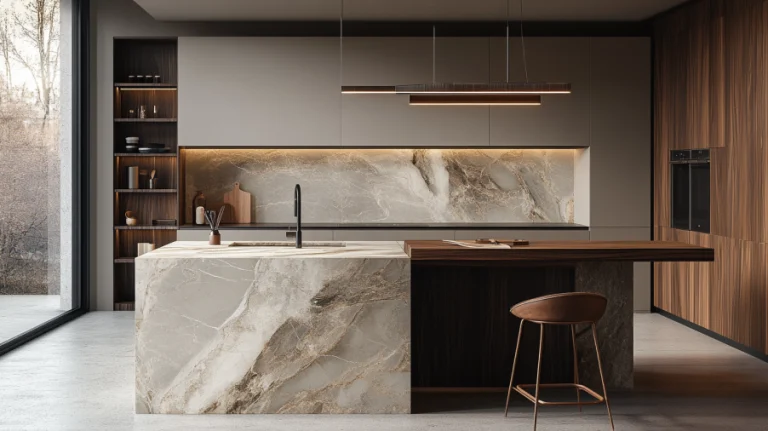 A kitchen with Taupe cabinets, marble countertops, and wooden shelving, blending natural materials for a warm, elegant atmosphere.
