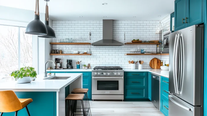 Elegant two-tone teal kitchen cabinets combined with cream walls and brass hardware for a balanced, classic look.
