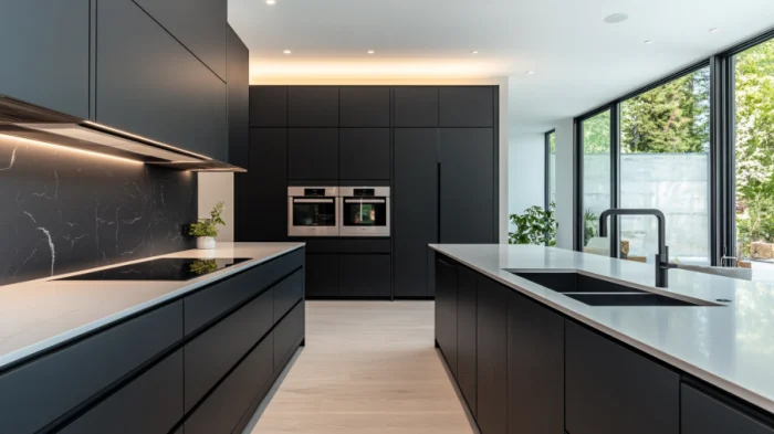 A modern kitchen with black cabinets, smart appliances, and a sleek design, featuring touchless faucets and smart lighting.