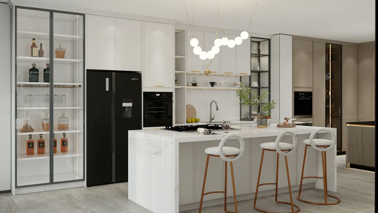 A kitchen with white shaker kitchen cabinets featuring brushed metal pulls for a sleek, modern look