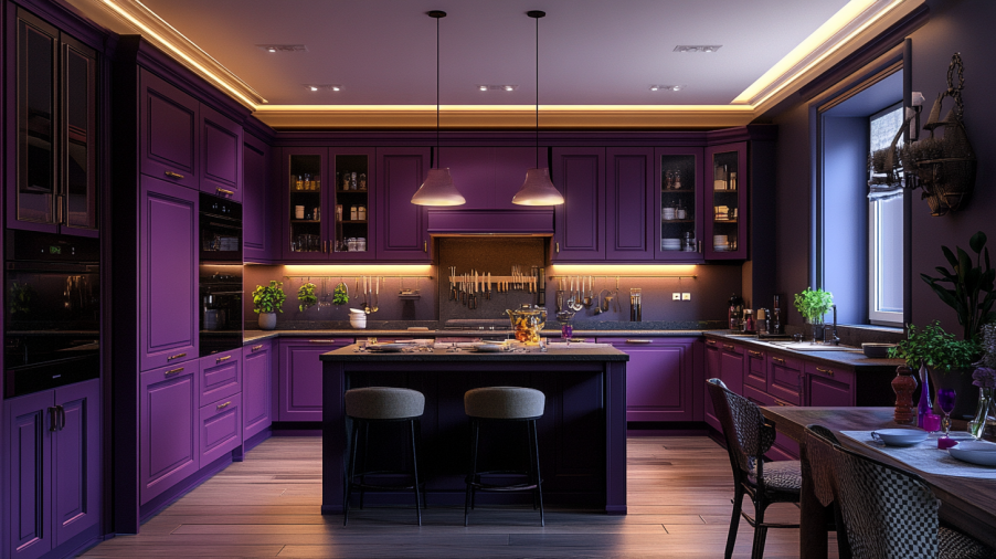 Dark purple cabinets with under-cabinet lighting, creating a cozy, intimate kitchen atmosphere.
