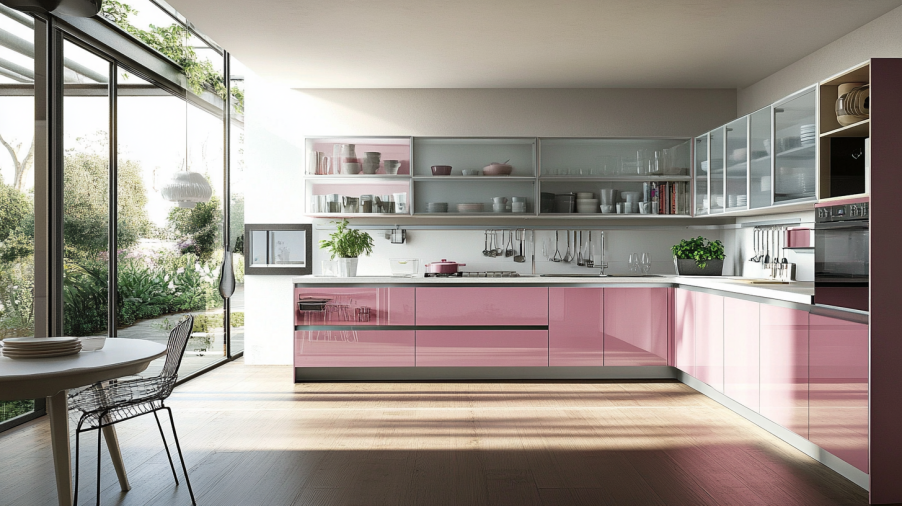 A minimalist kitchen with pink glass-front cabinets, plants, and natural light.
