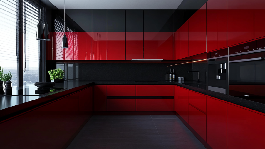 Modern kitchen with red kitchen cabinets and black countertops, creating a bold contrast and high-impact design.