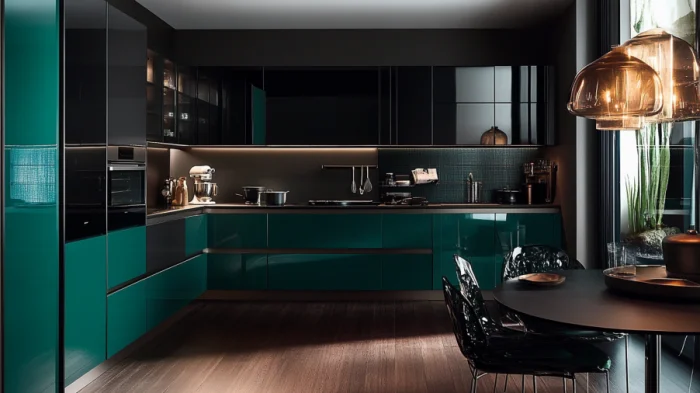 Teal and black cabinetry with metallic hardware creates a bold, contemporary kitchen design with striking contrasts.