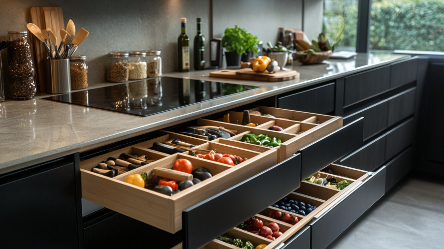 A kitchen with black cabinets featuring modern drawer dividers for organized storage of fresh produce and utensils.