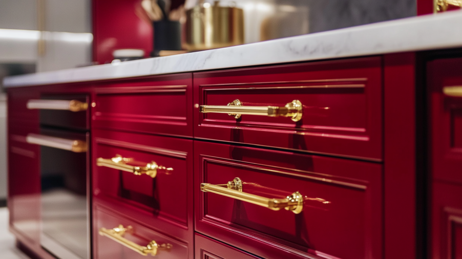 Close-up of red kitchen cabinets with gold handles, marble countertop, creating a luxurious, elegant design.
