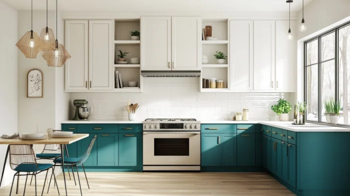 Modern kitchen with teal lower cabinets and white upper cabinets, creating a balanced and elegant design.